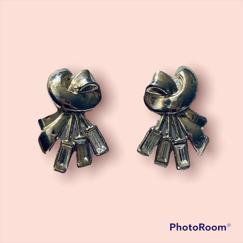 Elegant Vintage Coro Signed Earrings, Gold Tone, Clear Rhinestones Screw Back